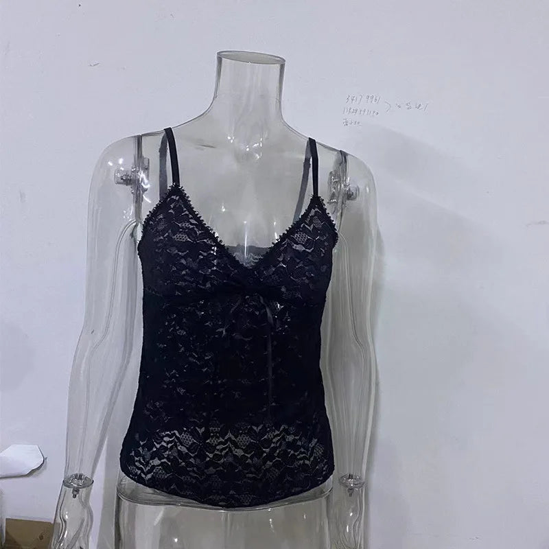 Black See Through Lace Cami Crop Tops Women Summer Y2K Clothes Sleeveless V Neck Sexy Tanks Camis Aesthetic 2000s Gothic Tees