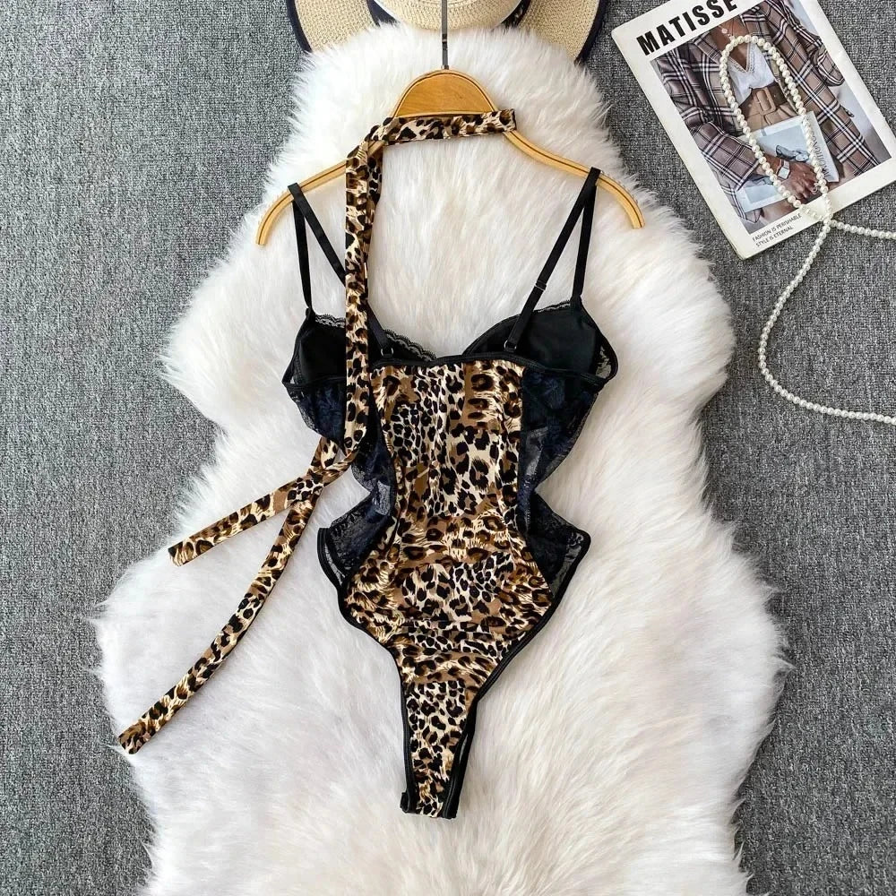 Women Hotsweet V-neck Leopard Slim Vintage Straps Bodysuits Chic Lace Slim Jumpsuits Comfortable Fashion Underwear