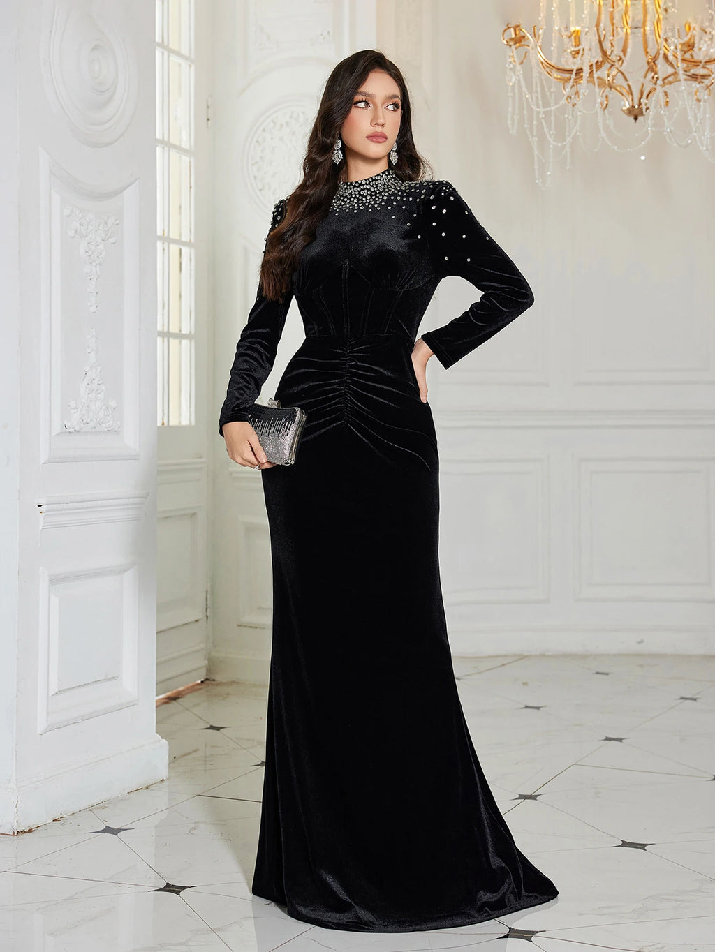 Velour Puff Sleeve Slim Fit Evening Dress
