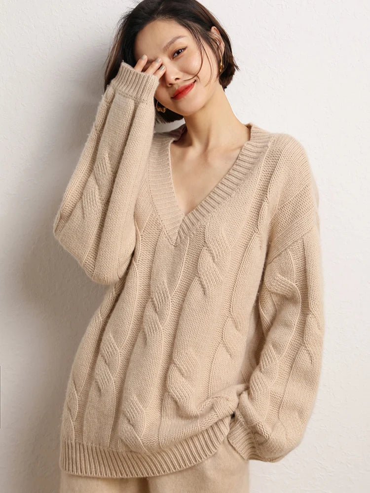Women Loose Sweater V-neck Pullovers Knitwear