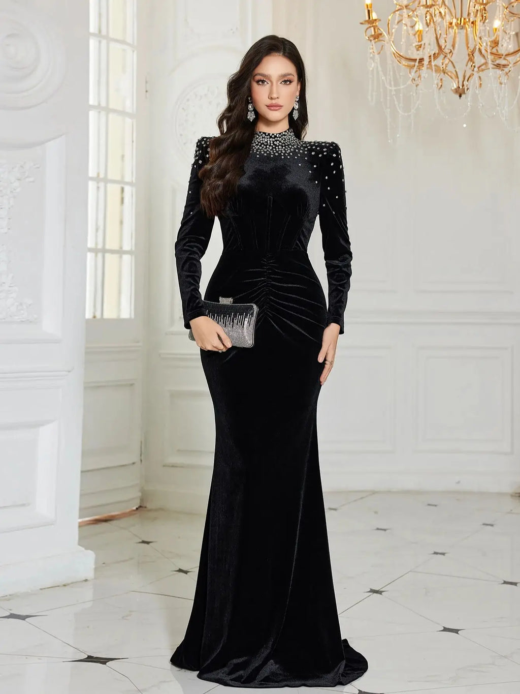 Velour Puff Sleeve Slim Fit Evening Dress