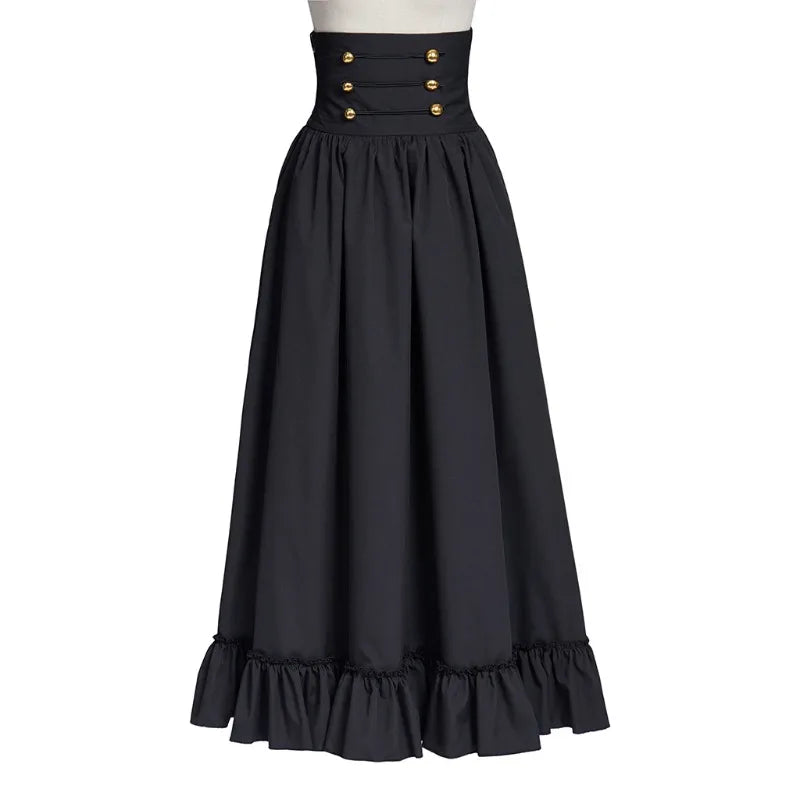 Vintage Renaissance Pleated Maxi Corset Button Skirt Women A Line Victoria High Waist Gown Gothic Swing Floor Ruffle Skirt