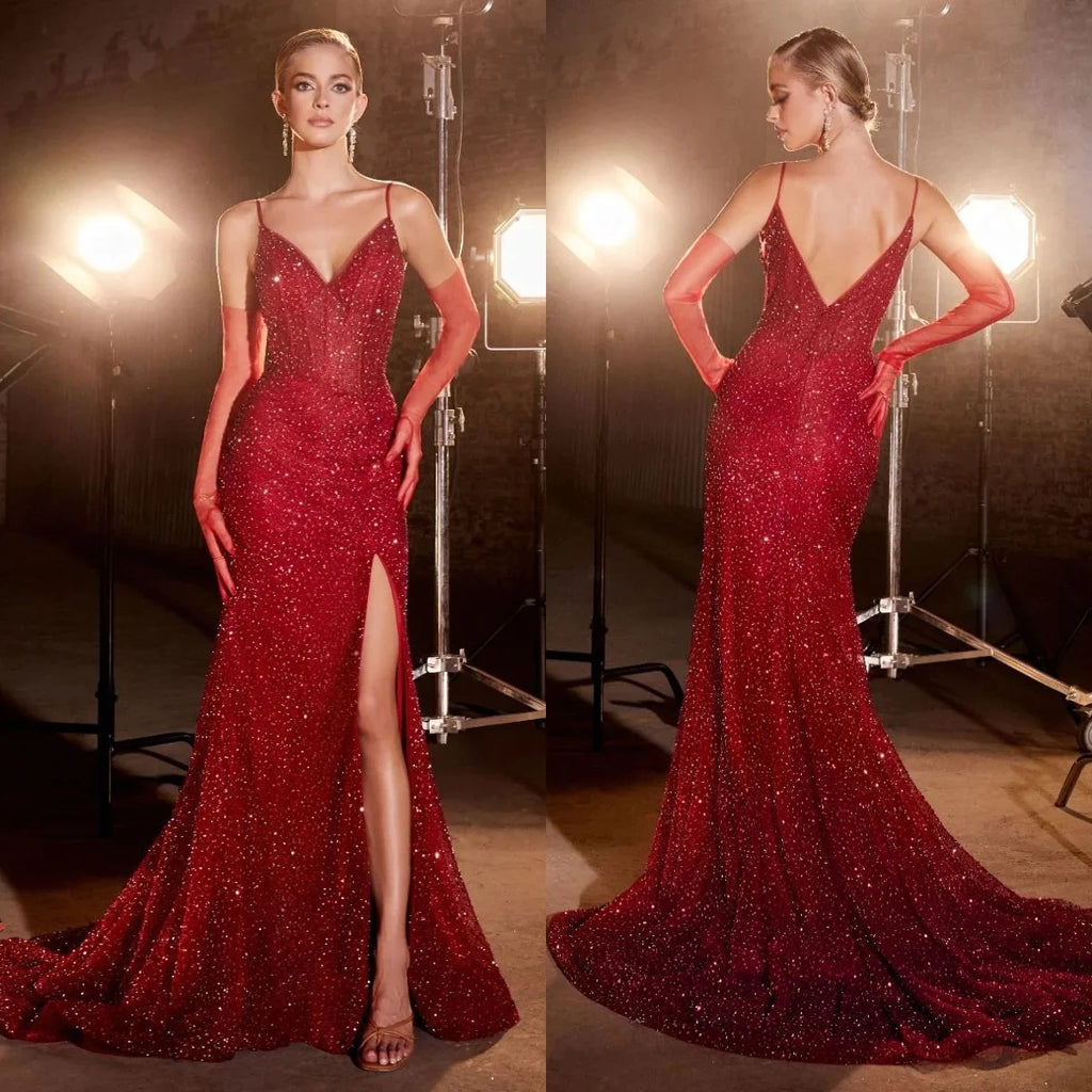 Shiny Red Sequin Side Split Evening Gown