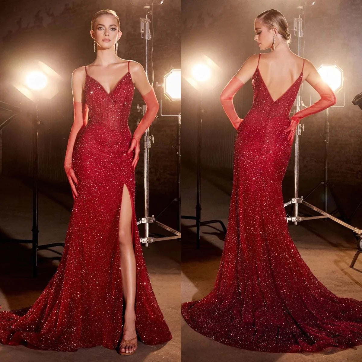 Shiny Red Sequin Side Split Evening Gown