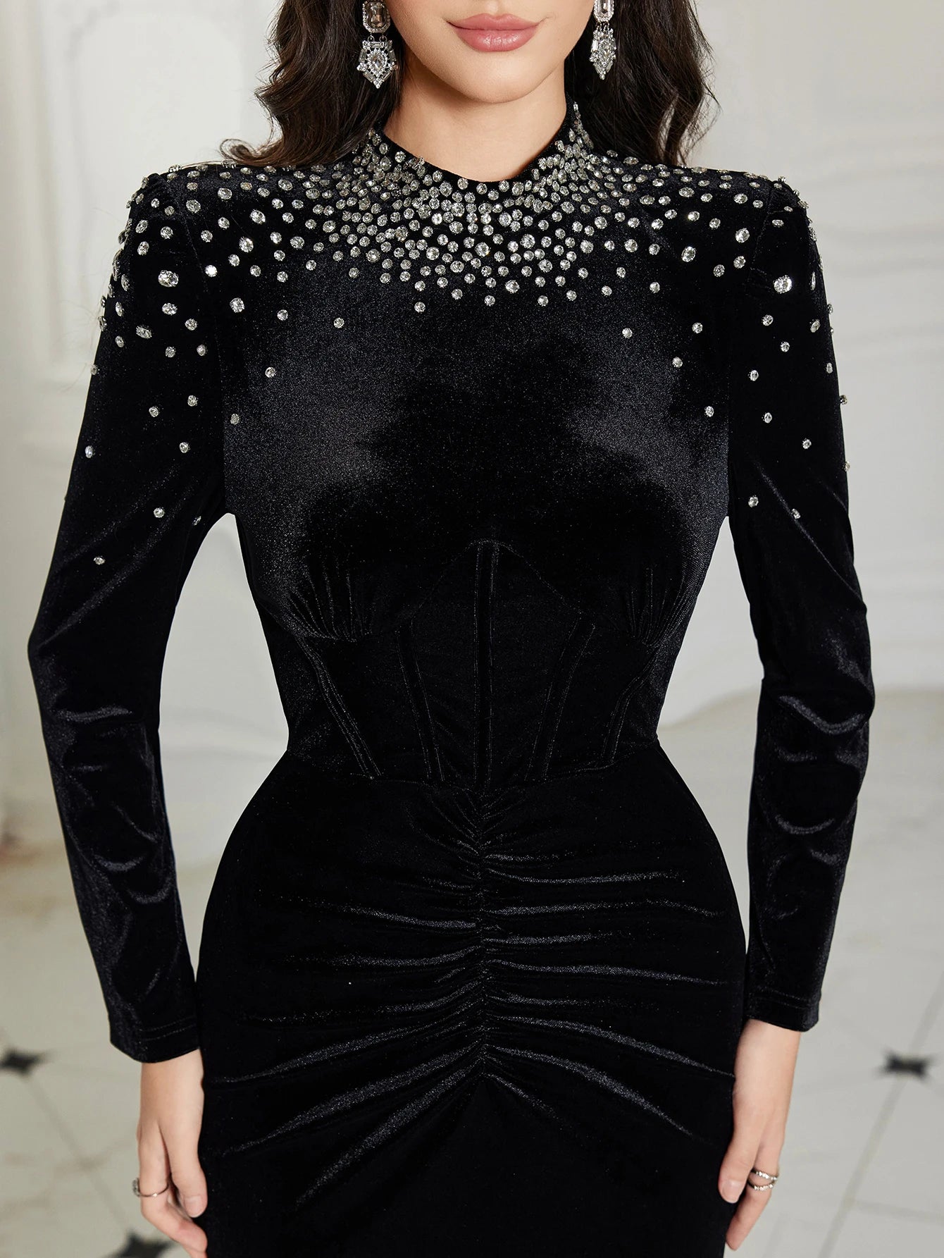 Velour Puff Sleeve Slim Fit Evening Dress