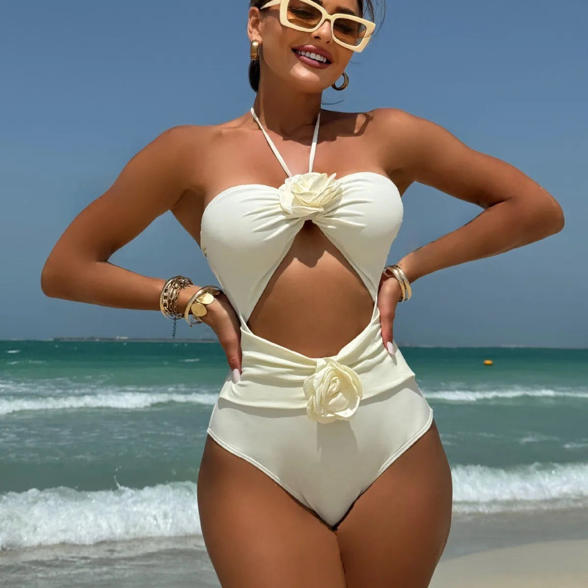 Rose Print High Waisted Halter Bikini