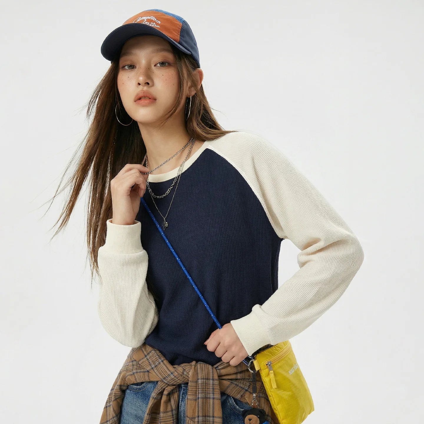 Maden Women's Americana Long Sleeve Pullover Sweatshirt Waffle Raglan Sleeve Soft Casual Colorblock Female Tops Spring Fall