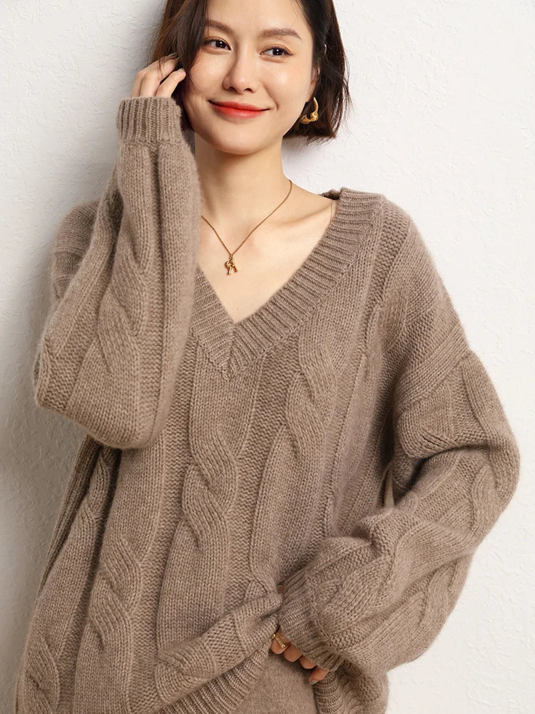 Women Loose Sweater V-neck Pullovers Knitwear