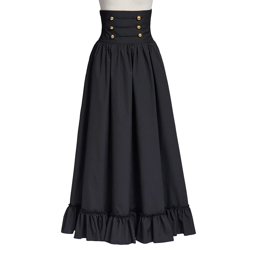 Vintage Renaissance Pleated Maxi Corset Button Skirt Women A Line Victoria High Waist Gown Gothic Swing Floor Ruffle Skirt