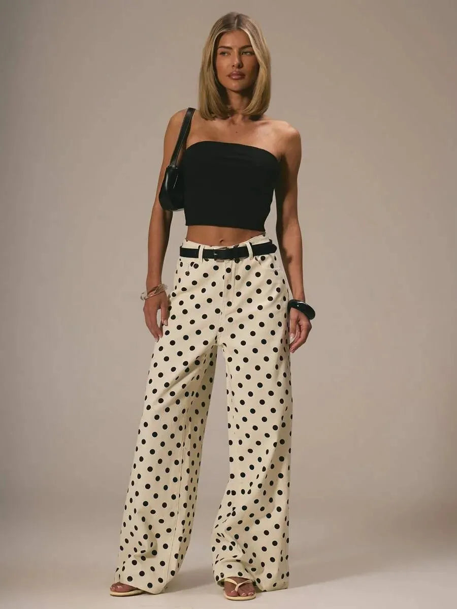 High Waist Polka Dot Wide Leg Jeans for Women
