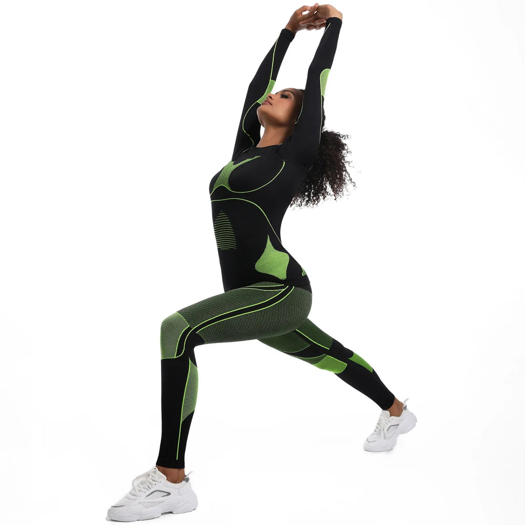 Women New Seamless Tight Fitting High-elasticity Long-sleeve Legging Ski Suit Shapewear Set Sports Running Cycling Yoga Clothing