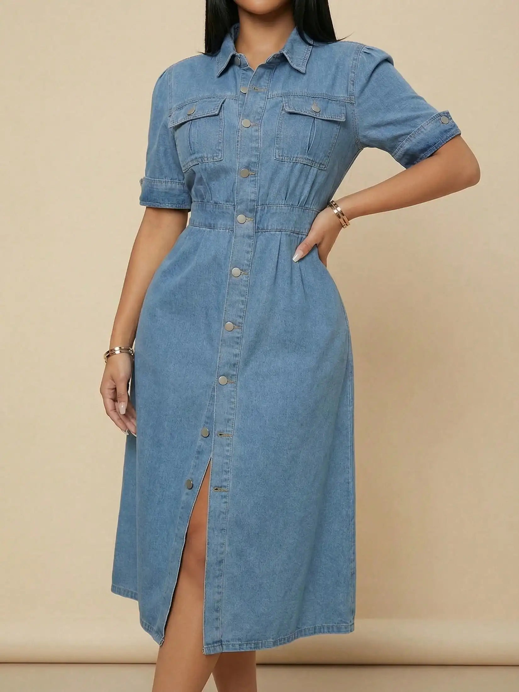 Retro Denim Midi Shirt Dress With Pockets