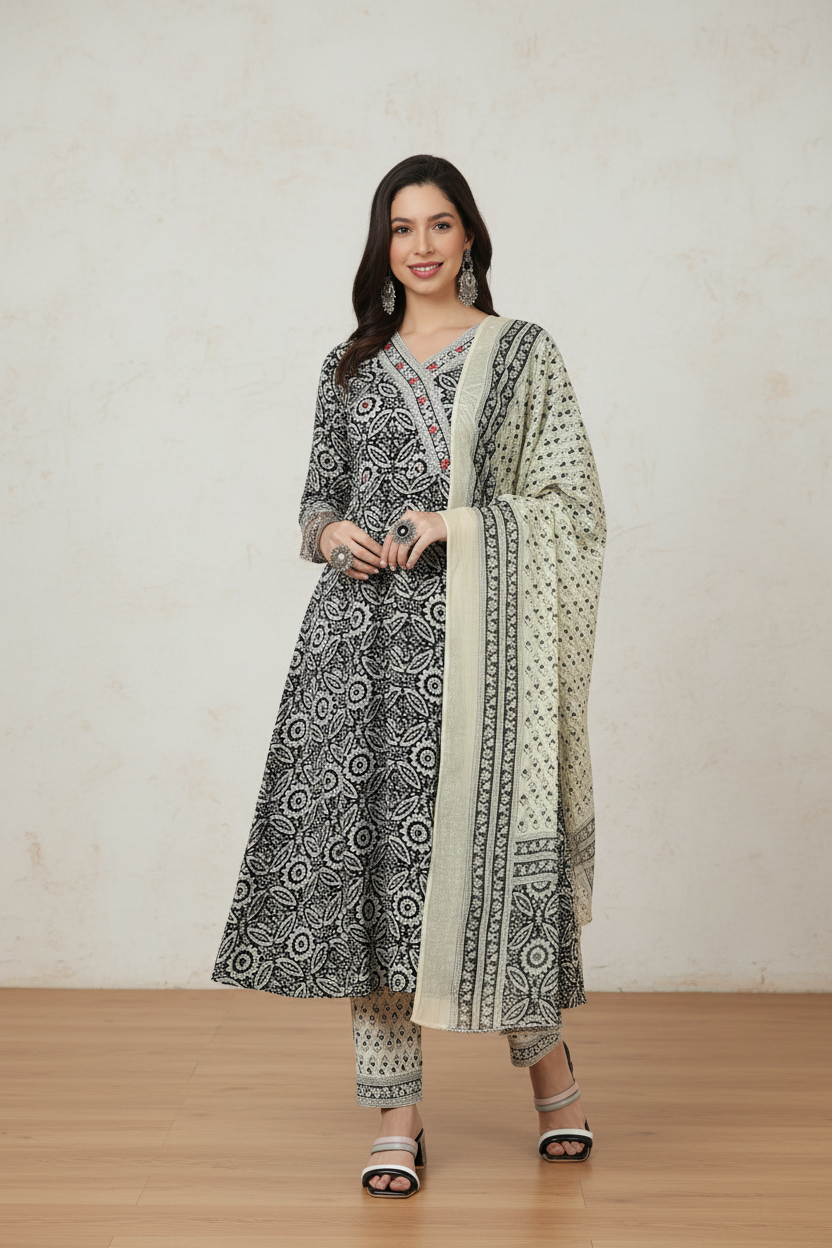 Floral Printed Anarkali Kurta with Trousers & Dupatta For Women