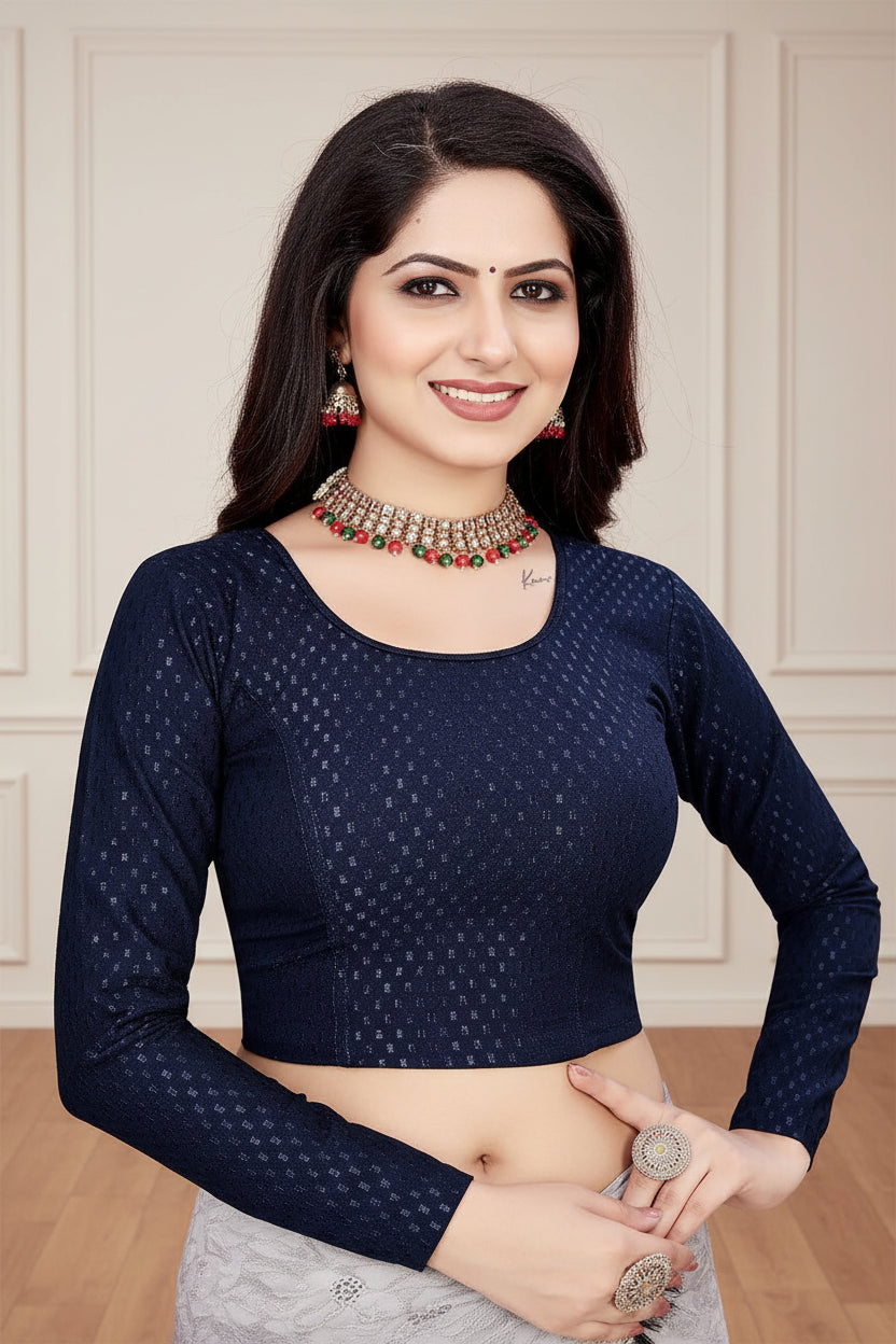 Elegant Navy Blue Full Sleeve Readymade Saree Blouse for Women