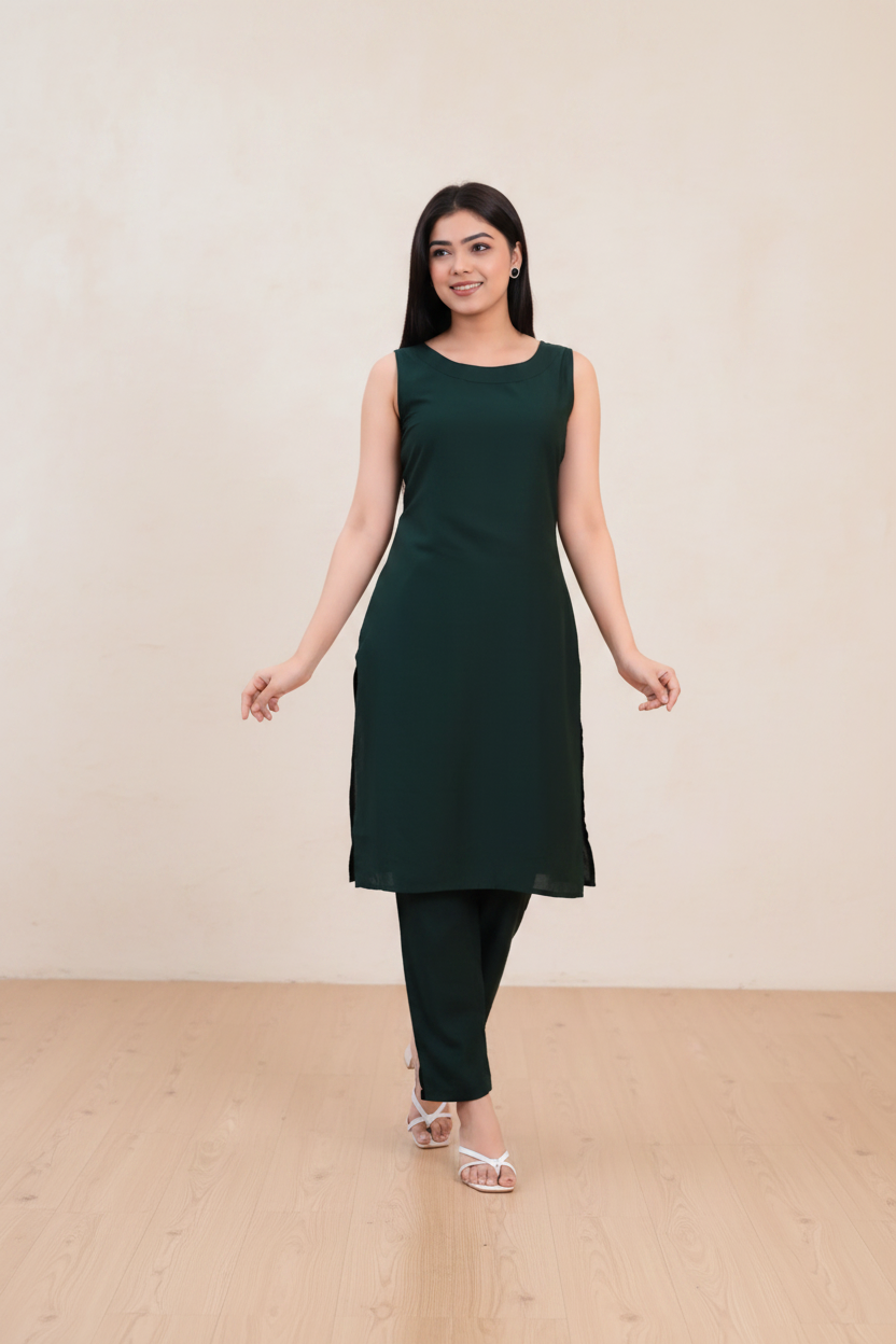 Beautiful Green Solid Kurta and Pant set For Women