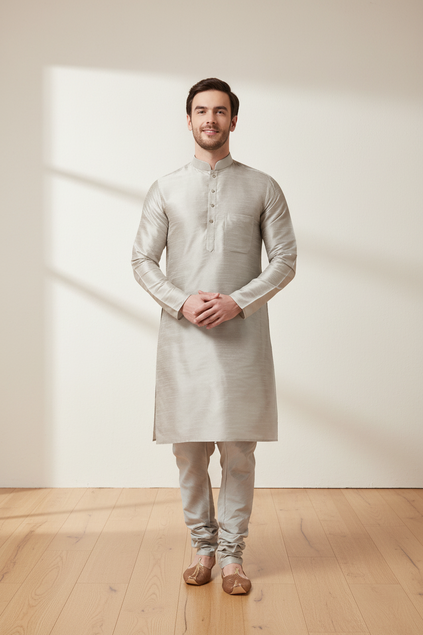 Knee Length Solid Silk Kurta & Pyjama for Men