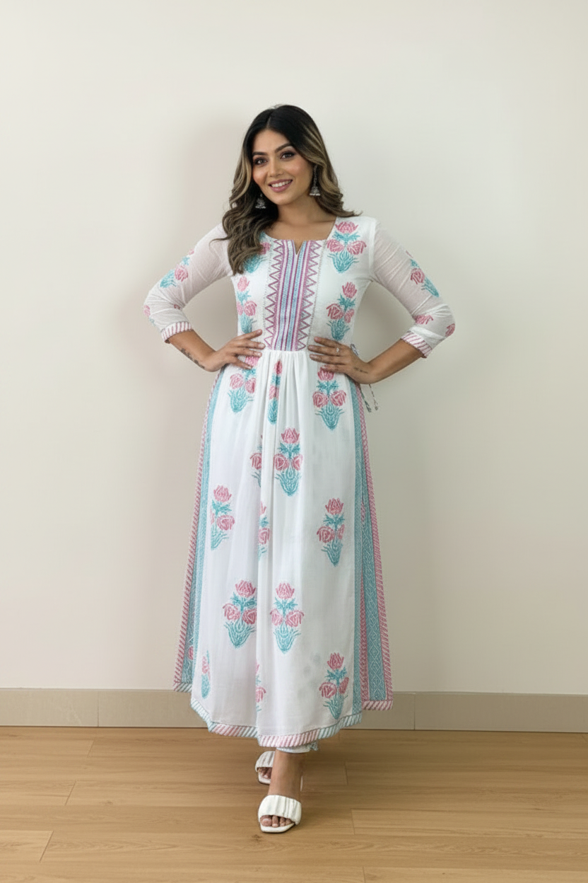 Women White Rayon Printed Nyra cut Kurti with Pant