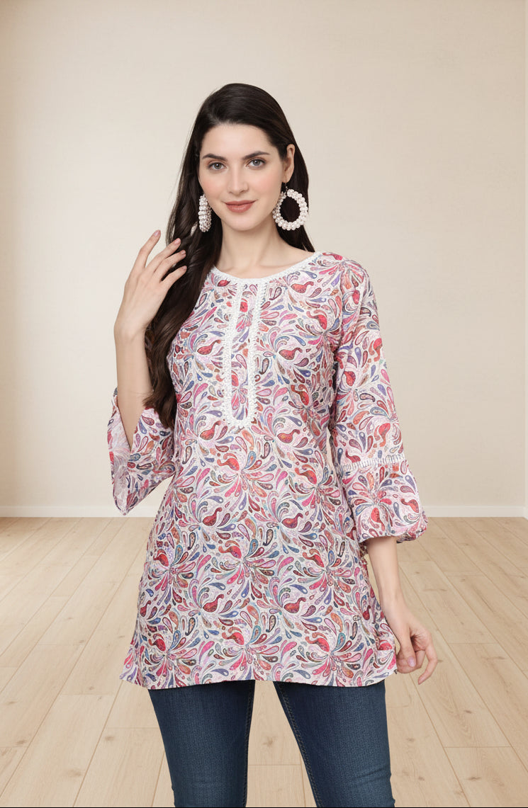 Women Lightweight Casual Cotton Digital Printed Tunic Top
