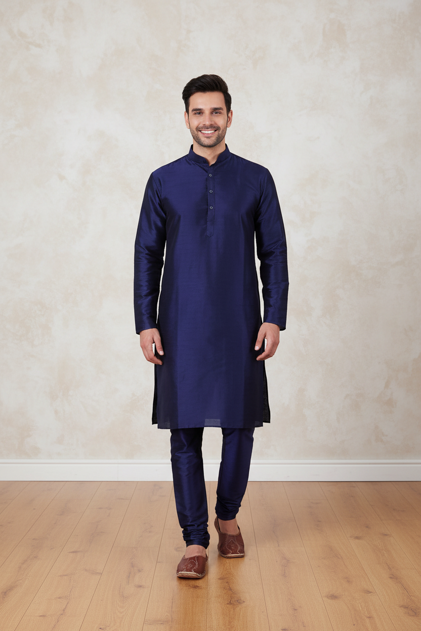 Knee Length Solid Silk Kurta & Pyjama for Men