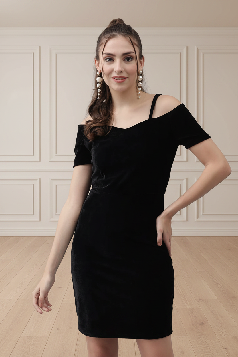 Women Black Velvet Bodycon Dress
