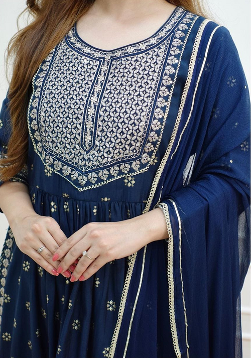 Women Dark Blue Rayon embroidery Kurti with pant