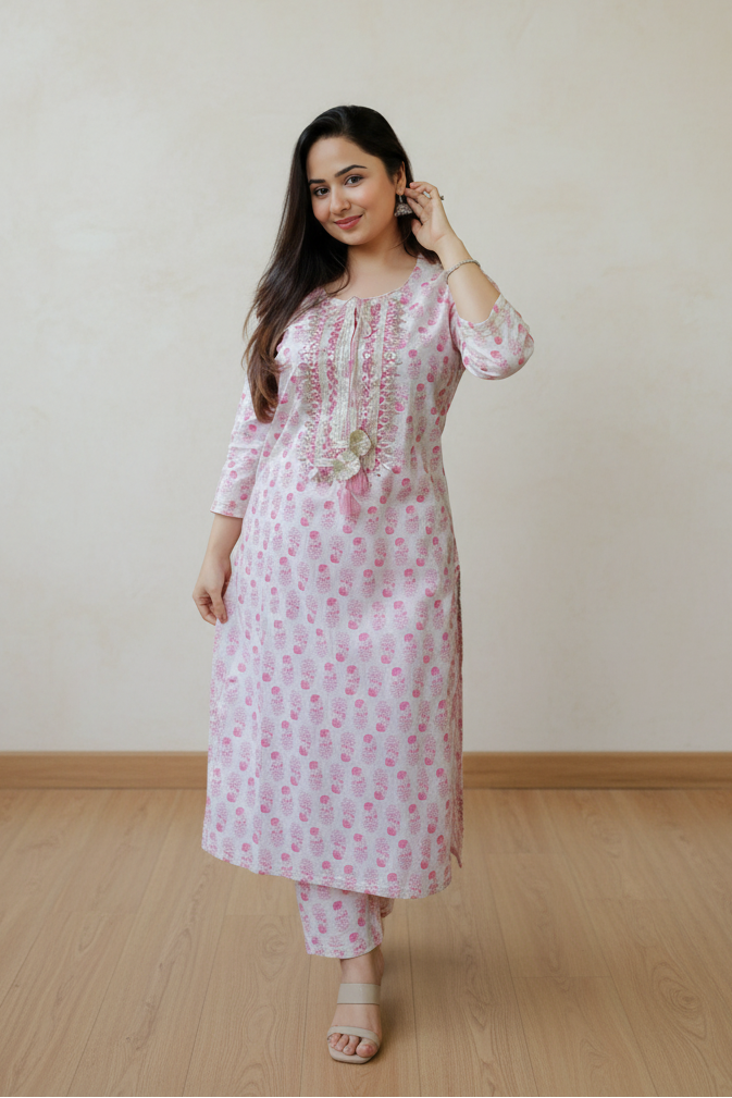 Women Pink Rayon Embroidery Work Kurti with Pant