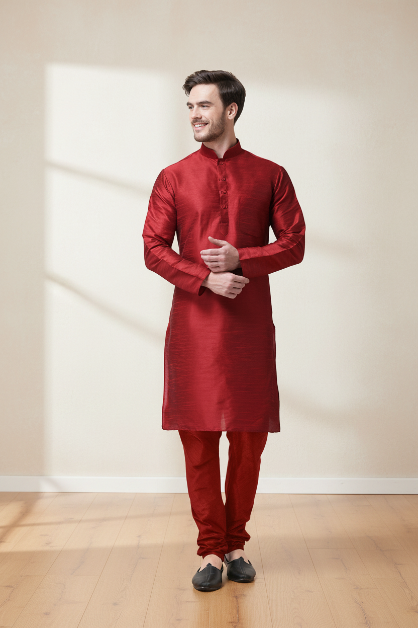 Knee Length Solid Silk Kurta & Pyjama for Men