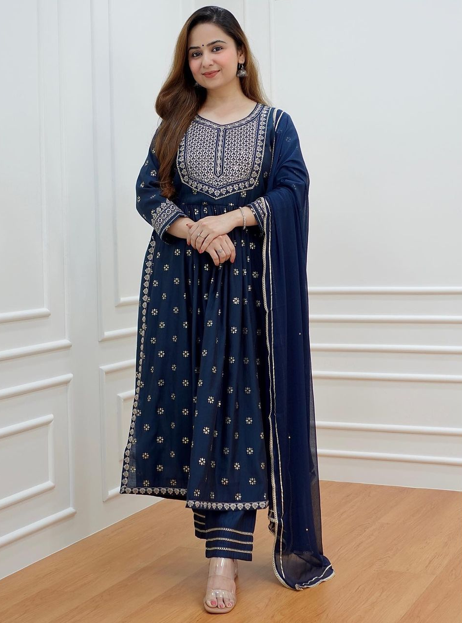 Women Dark Blue Rayon embroidery Kurti with pant