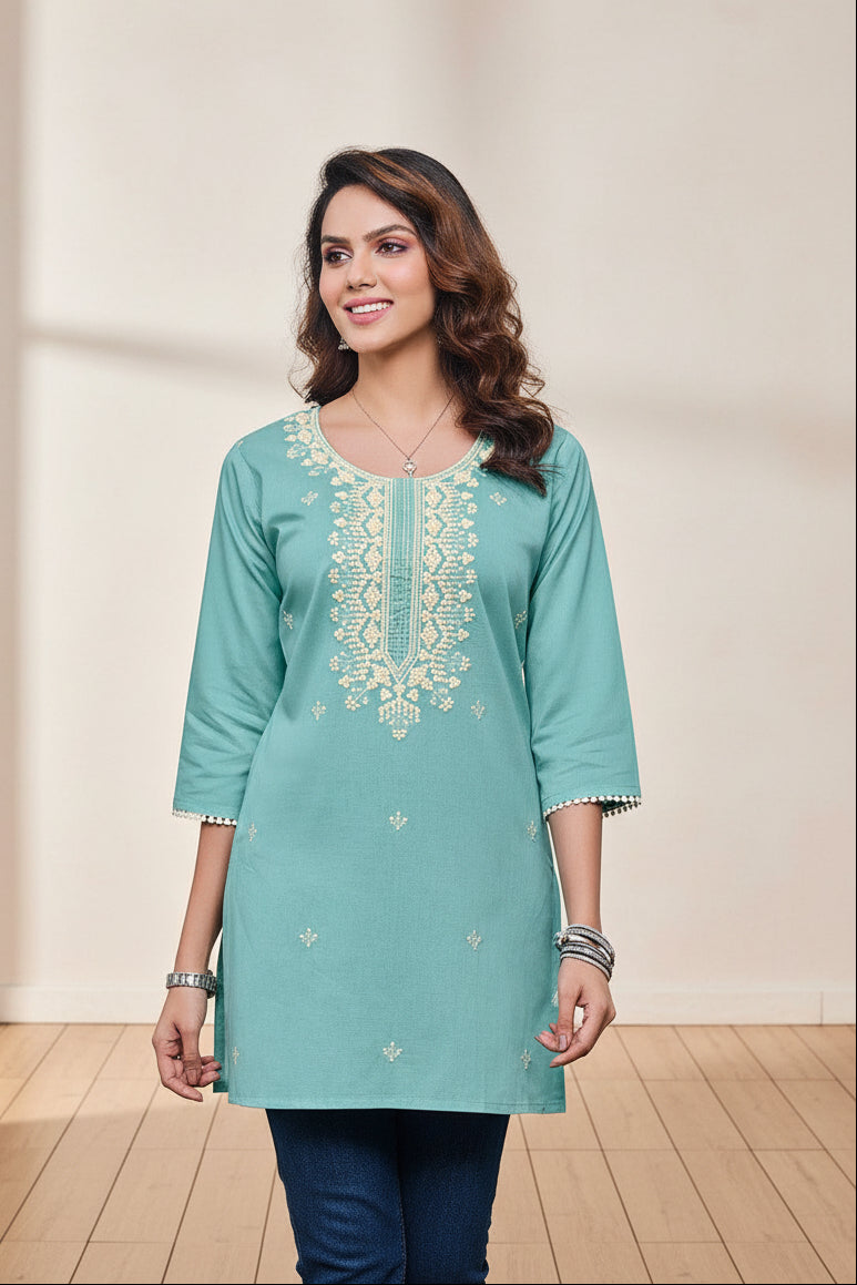 Women Cotton Neck Embroidery Tunics
