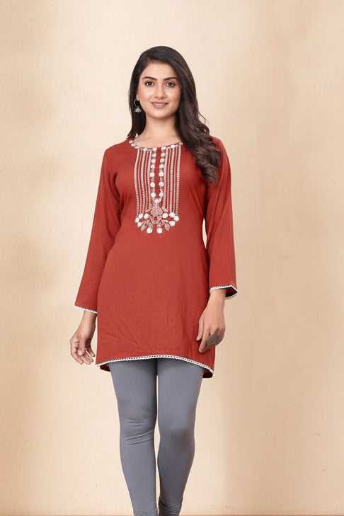 Women Yoke Embroidered Rayon Tunic
