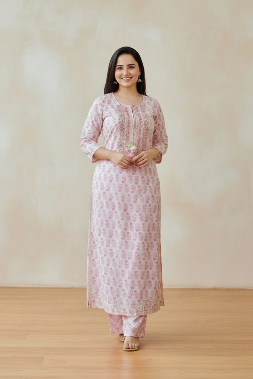 Women Pink Rayon Embroidery Work Kurti with Pant