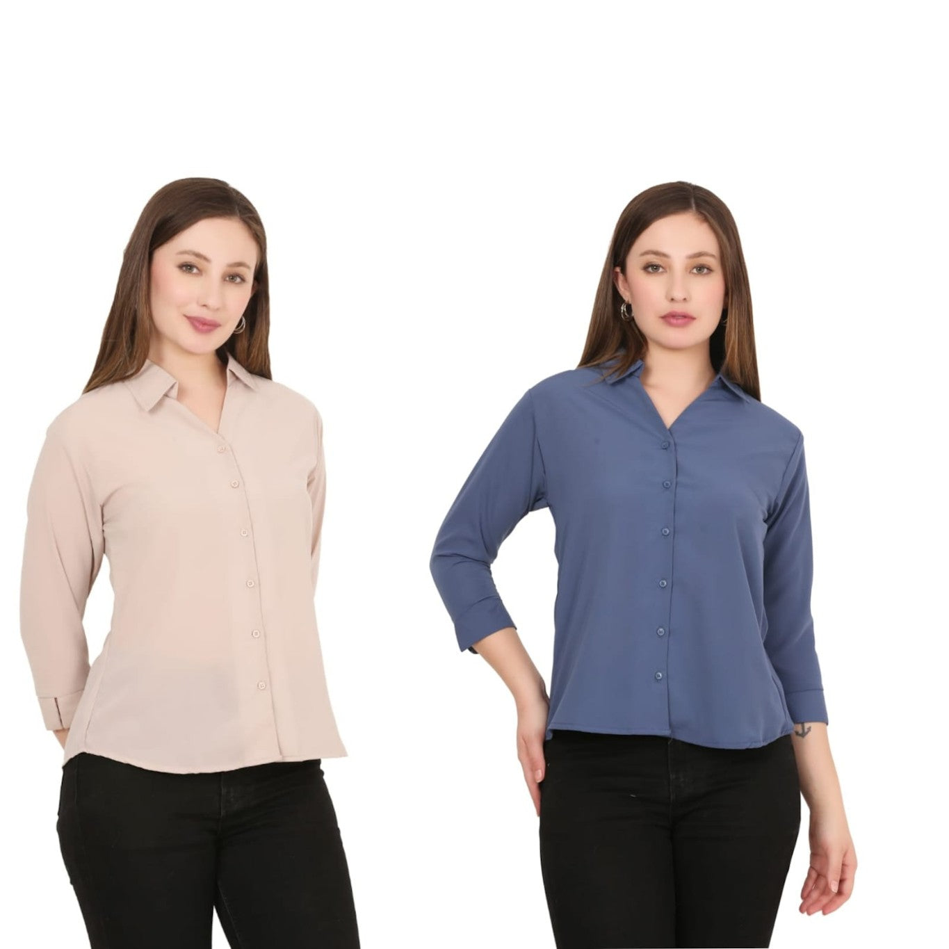 Womens Solid Formal Shirt PACK OF 2 BEIGE AND BLUE  S