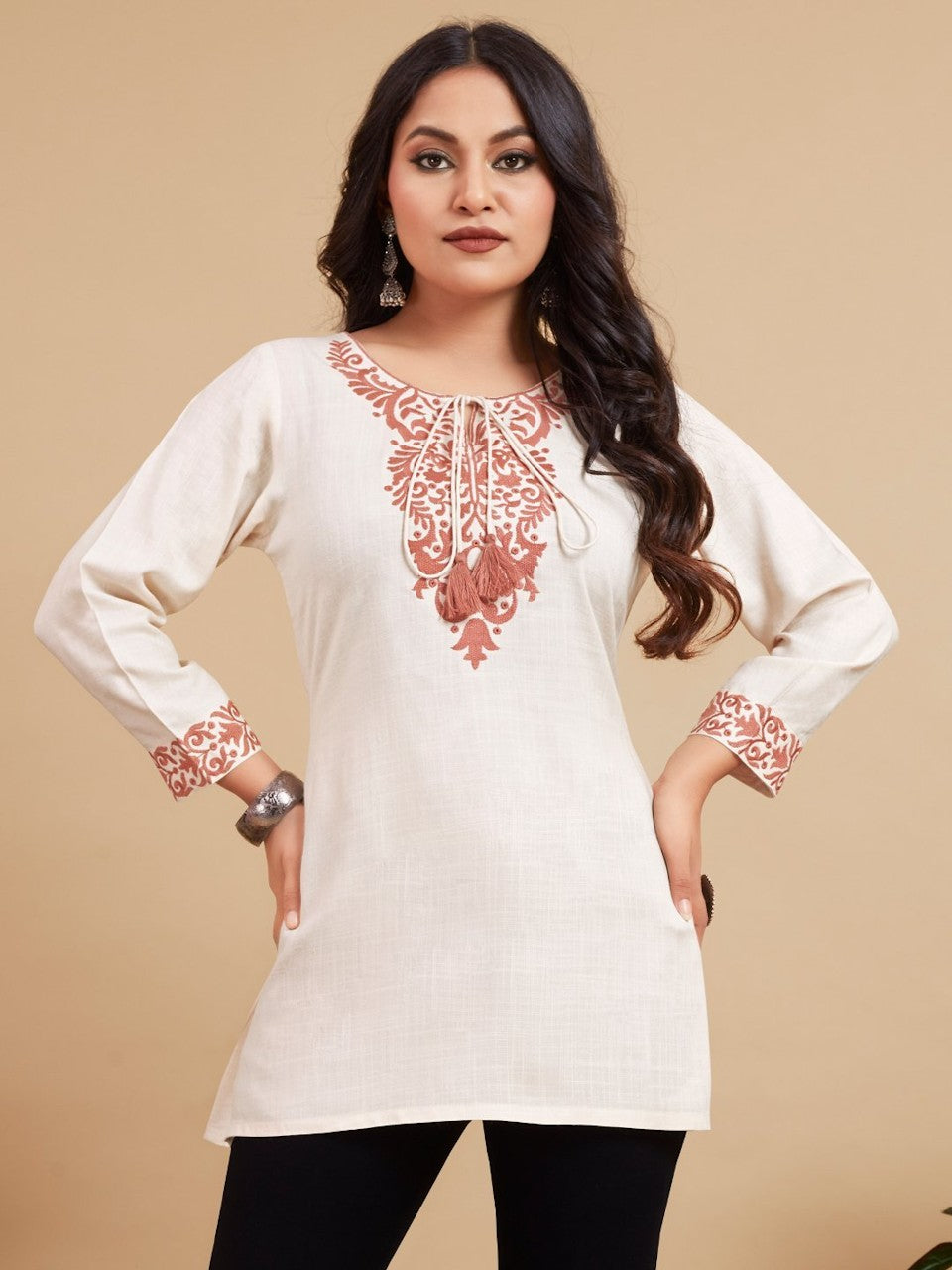 Women Round With String Rayon Embroidered Tunic