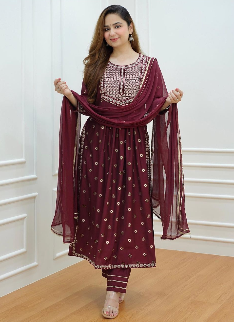 Women Maroon Rayon Embroidery work Nayra cut Kurti with Pant