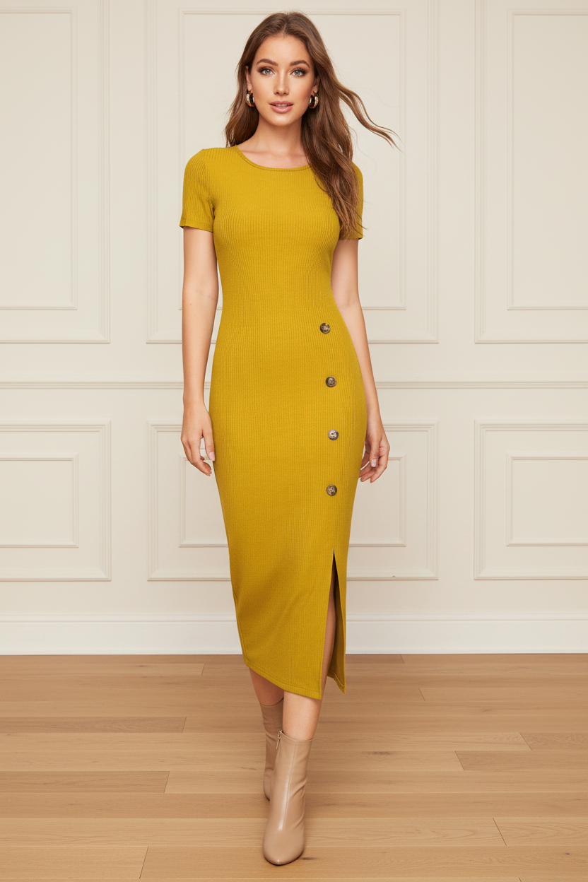 Women Mustard Solid Bodycon Dress