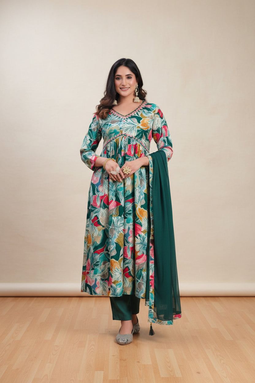 Women Florals Printed Kurta Salwar Dupatta Set