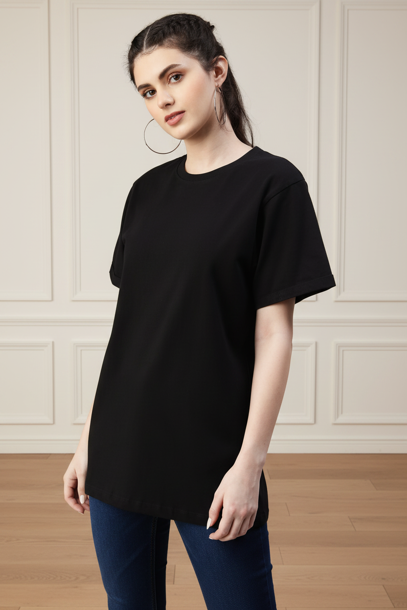 Women Oversized Solid Crew-Neck T-Shirt