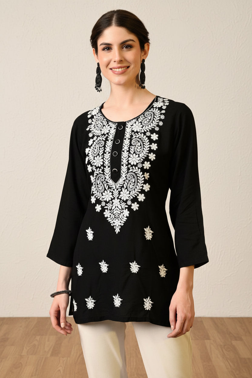 Women Round Neck Embroidered Solid Rayon Tunic