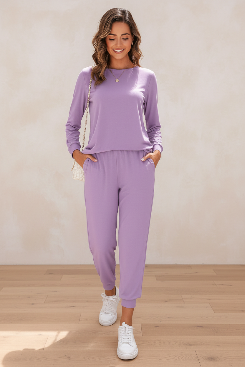 Two Piece Relaxed Fit Purple Co-ord Set for Women