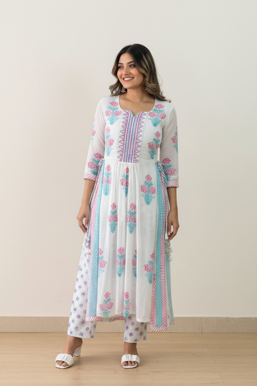 Women White Rayon Printed Nyra cut Kurti with Pant