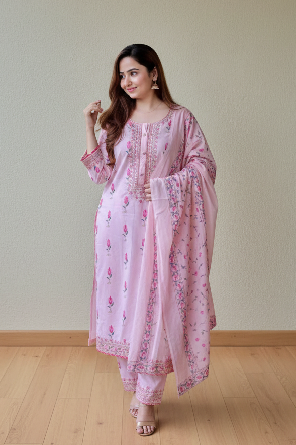 Women Light Pink Rayon Kurti with Afgani Pant