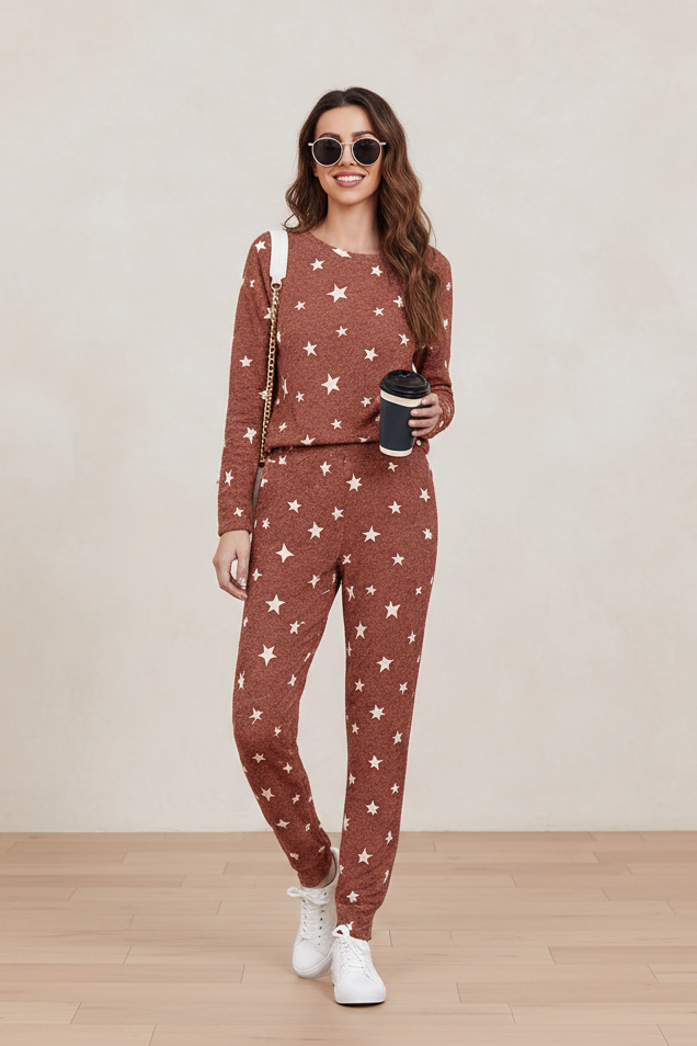 Two Piece Relaxed Fit Brown Co-ord Set for Women