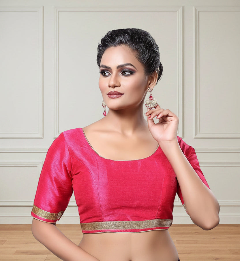 Women Raw Silk Elbow Length Sleeves Readymade Saree Blouse