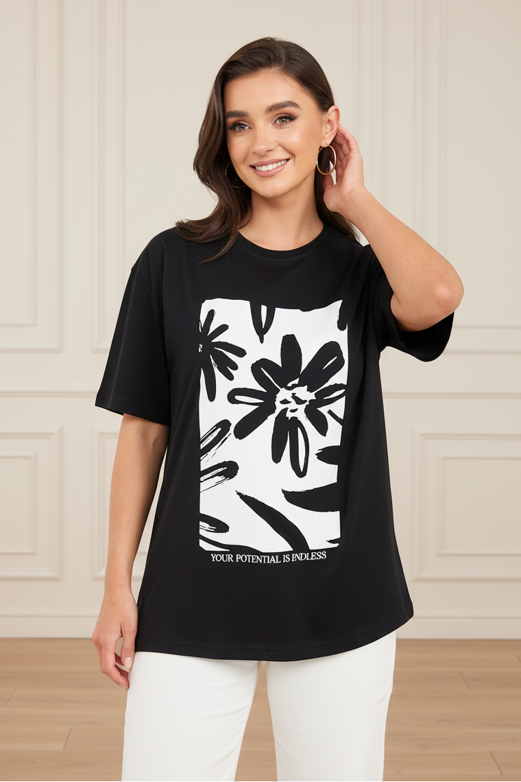 Women Half Sleeve Graphic Print Oversized Fit Round-Neck T-Shirt