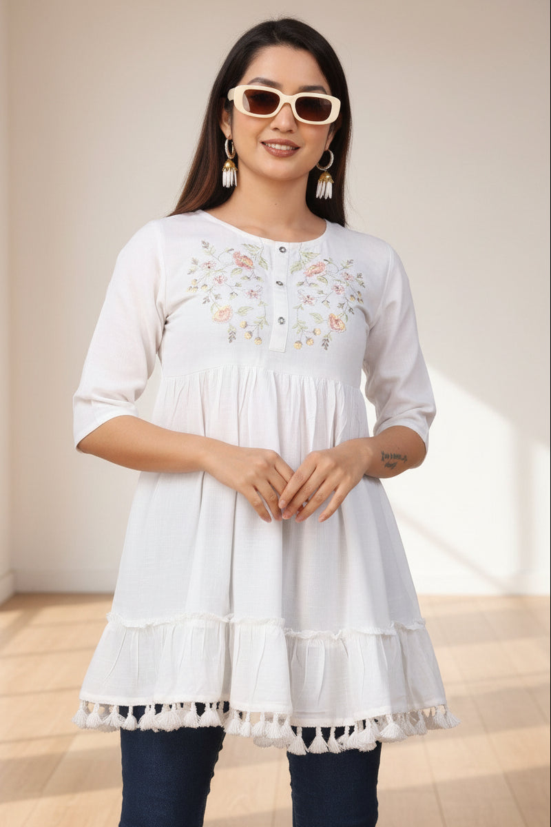 Women Embroidered Fit & Flare Rayon Tunic