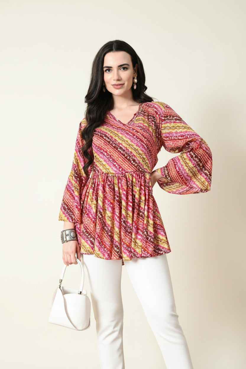 Women Bandhani Printed Bell Sleeves Rayon Tunic