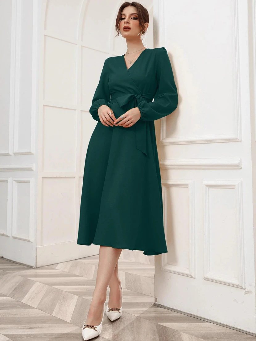 Women Green Solids Wrap Dress