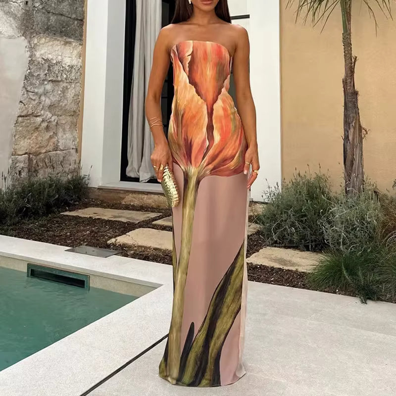 Sexy Strapless Backless Printed Long Dress Women
